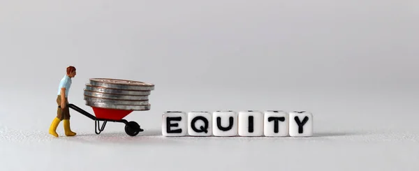 White Cube Word Equity Pile Coins Miniature People Business Concept — Fotografia de Stock