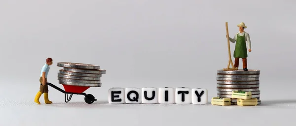 White Cube Word Equity Pile Coins Miniature People Business Concept — Fotografia de Stock