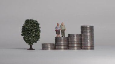 Miniature people and the concept of an aging society. A miniature old couple standing on a pile of step coins.