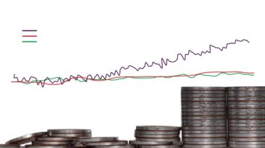 Bozuk para yığınları ve dalgalı grafiklerle dolu bir iş konsepti. Hisse yatırım analizi kavramı.