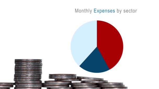 按部门分列的每月支出 附有饼图 商务概念与成堆的硬币和图表 — 图库视频影像