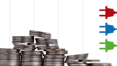Elektrik fiyatlarındaki dalgalanma. Bozuk para ve grafik yığınları ile iş konsepti.