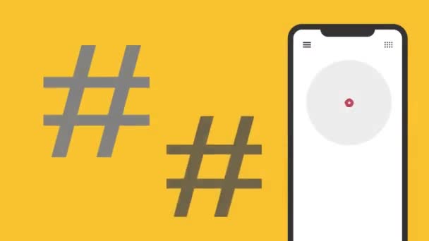 Verschiedene Miniaturmenschen Sitzen Auf Hashtags Kreisdiagramm Und Bargraph Smartphone Grafiken — Stockvideo