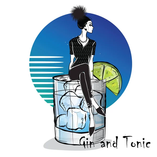 Illustrazione disegnata a mano di cocktail. GIN E TONICO . — Vettoriale Stock