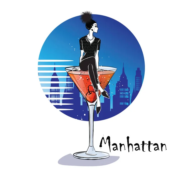 Ilustrație de mână desenată de cocktail. Manhattan . — Vector de stoc