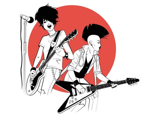 Two young women with electric guitars in sketch style — Stock Vector