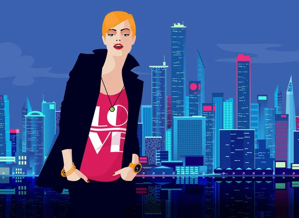 New York 'ta pop sanatları tarzında bir moda kızı. Vektör illüstrasyonu.