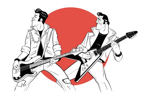 Rocker with electric guitar in sketch style on red background. — Stock Vector