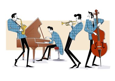 Çift baslı, saksafonlu ve piyanolu bir Jazz grubunun vektör çizimi