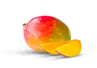 Suluboya mango meyvesi bütün ve beyaz arka planda yakın plan dilimler.