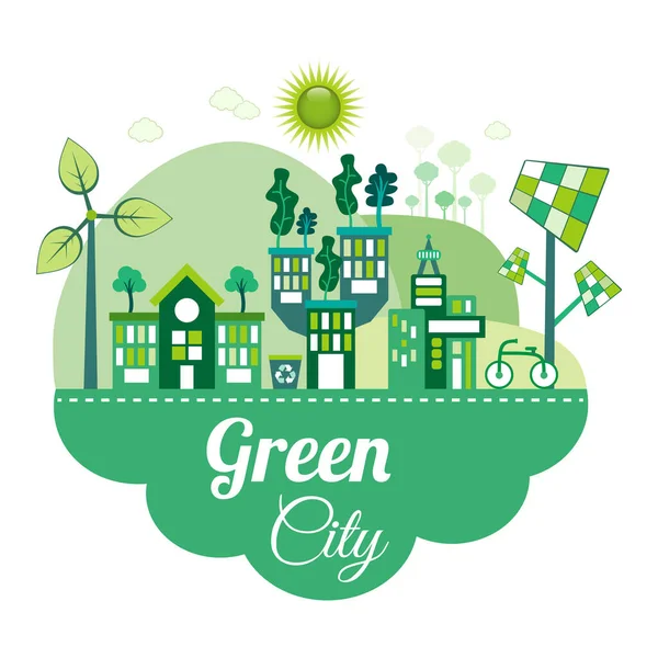 Green Eco City Conceito Vivo Painéis Solares Parques Eólicos Geram — Vetor de Stock