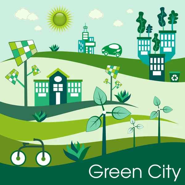 グリーンエコシティの生活コンセプト 太陽光パネルと風力発電はクリーンエネルギーを生み出す 通勤には電気自動車や自転車が使われます — ストックベクタ