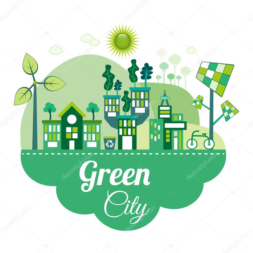 Green Eco City living concept. Solar panels and wind farm generate clean energy. Green transport such as bicycle is used. Trees are planted on rooftop to keep cool.