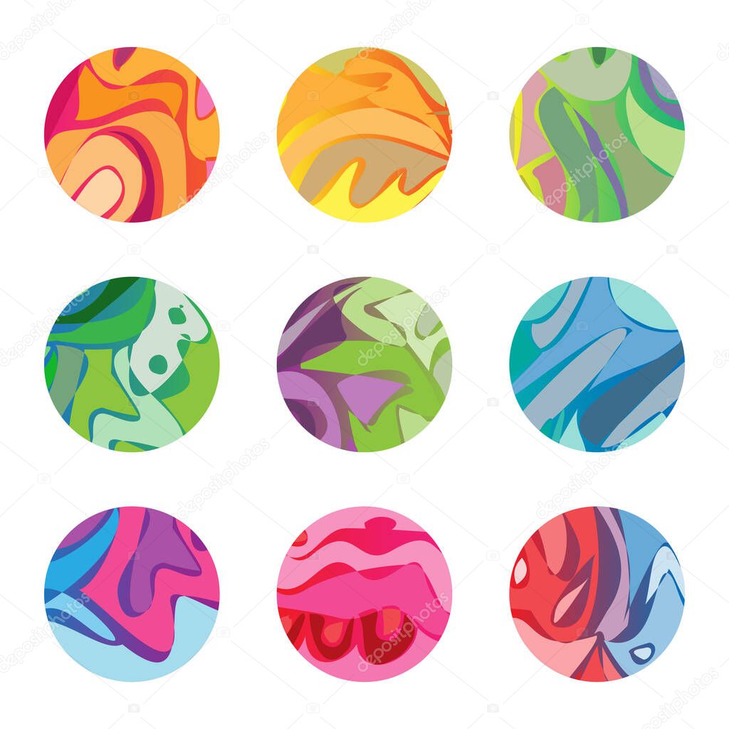 A collection of round social media highlight icons. The theme is colorful abstract line art texture representing beauty, style, and fashion. Originally created from hand drawn design.