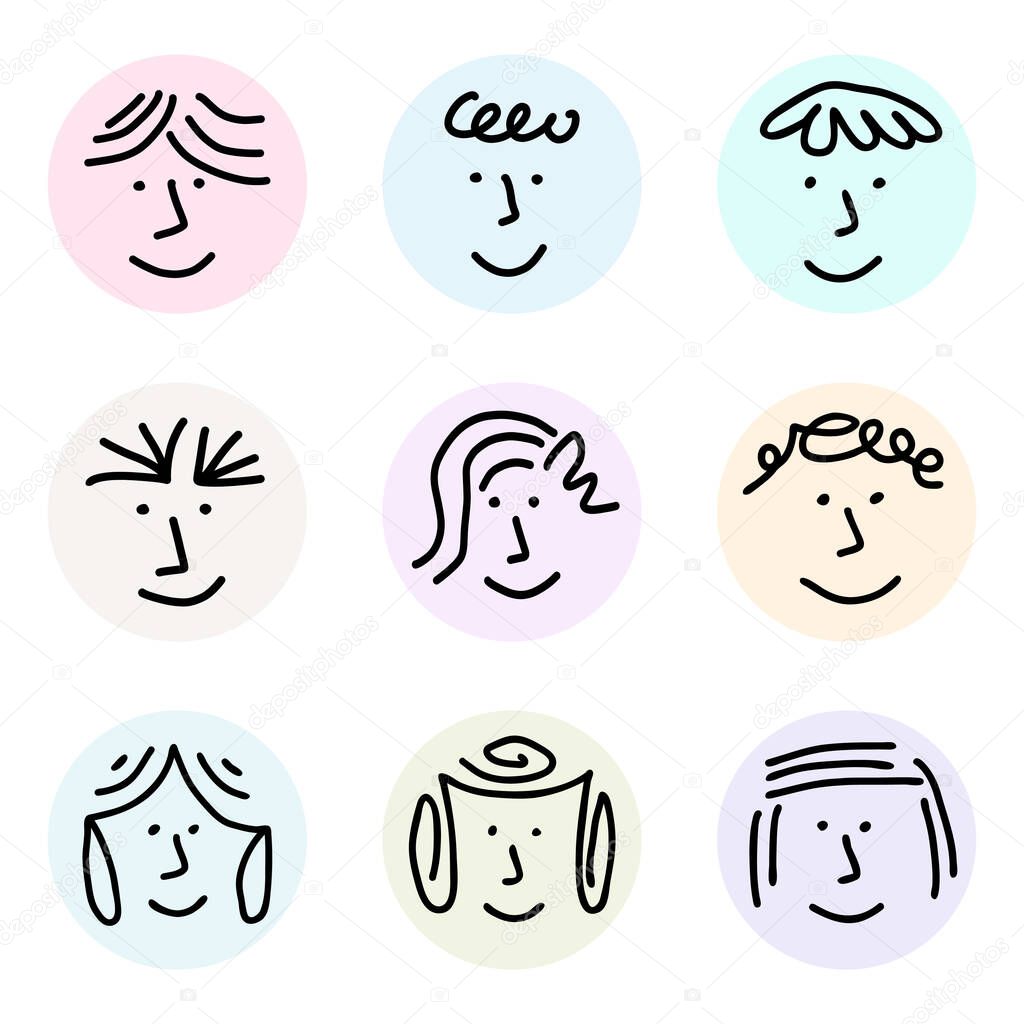 A collection of round social media highlight icons. Minimalist contemporary design of children faces representing childhood, fun, and happiness. Originally created from hand drawn design.