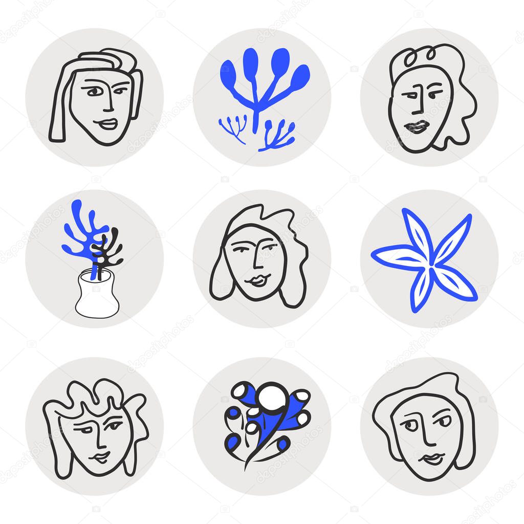 A collection of round social media highlight icons. Minimalist contemporary design of female faces representing beauty, style, and fashion. Created from hand drawn design inspired by Matisse.