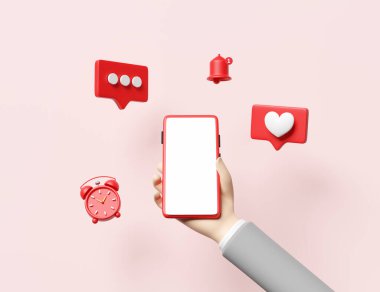Cep telefonu tutan eller, kırmızı kalp ikonları gibi akıllı telefon, sosyal medya, uyarılar gibi, alarm saati, pembedeki çan. Sağlık aşkı, dünya kalp günü, sevgililer günü konsepti, 3d illüstrasyon, 3D canlandırma