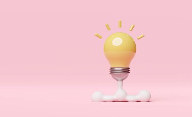 Uzay gemisi ya da roket fırlatma, pembe arka planda izole edilmiş sarı ampul. Şablon ya da iş kurma, fikir kavramı, asgari illüstrasyon, 3D görüntüleme, 3D görüntüleme başlat