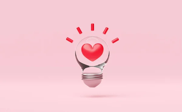 light bulb with red heart isolated on pink pastel background.idea and inspiration,health love or world heart day,valentine\'s day concept,minimal abstract,3d illustration or 3d render