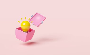 Pembe hediye kutusundaki sarı ampul pembe arka planda izole edildi. İş fikri ipucu kavramı, asgari soyut, 3D çizim veya 3D çizim