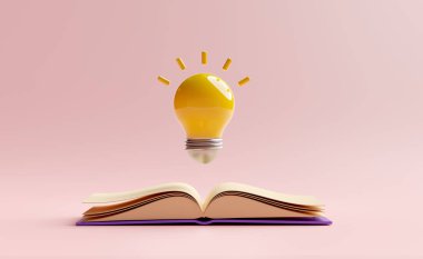 Pembe arka planda açık kitabı olan sarı ampul. Fikir eğitimi, bilgi fikir kavramı, asgari soyut, 3D çizim veya 3D çizim yaratır.