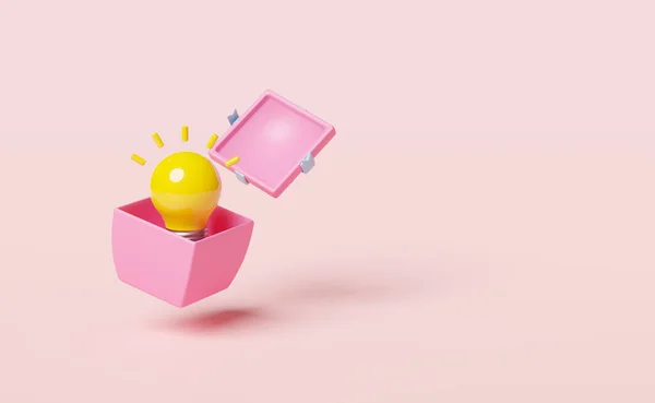 Pembe hediye kutusundaki sarı ampul pembe arka planda izole edildi. İş fikri ipucu kavramı, asgari soyut, 3D çizim veya 3D çizim