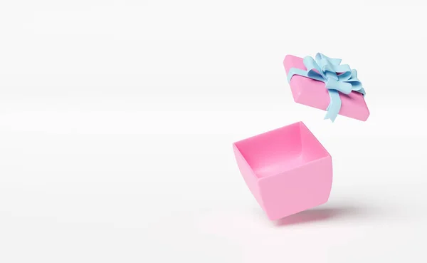 Roze Open Geschenkdoos Leeg Met Blauwe Strik Geïsoleerd Witte Achtergrond — Stockfoto