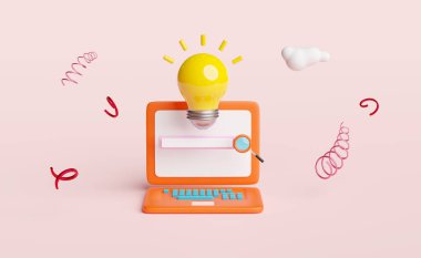 Sarı ampullü turuncu dizüstü bilgisayar monitörü, boş arama çubuğu, büyüteç, pembe arka planda izole edilmiş bulut. Web arama motoru, web taraması, fikir tüyo kavramı, 3d illüstrasyon, 3d canlandırma