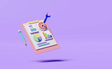 Grafikler, analiz iş mali verileri ile grafik, beyaz pano kontrol listesi, hedef, dart veya ok, mor arka planda izole kalem, iş stratejisi konsepti, 3d illüstrasyon veya 3d canlandırma