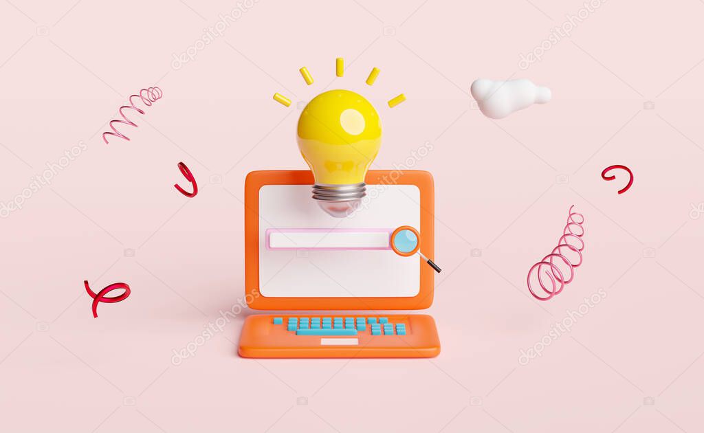 orange laptop computer monitor with yellow light bulb,blank search bar,magnifying glass,cloud isolated on pink background.web search engine,web browsing,idea tip concept,3d illustration,3d render