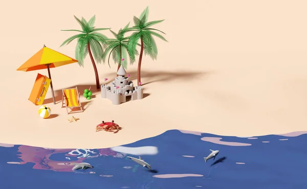 Sommerreise Mit Koffer Sandburg Insel Regenschirm Kokosnuss Palme Meer Strandkorb — Stockfoto