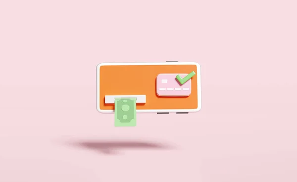 Мобільний Телефон Смартфон Банкнотою Позначкою Чеку Кредитною Карткою Ізольовані Рожевому — стокове фото