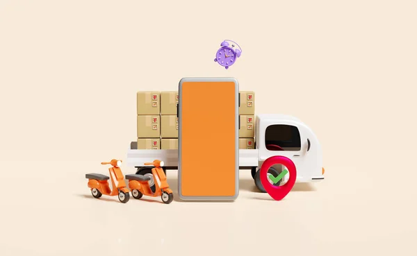 Teléfono Móvil Teléfono Inteligente Naranja Con Scooter Camión Pin Caja — Foto de Stock