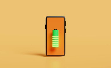 Akıllı telefon ya da cep telefonu şarjı turuncu arka planda izole edildi. Şarj pili teknolojisi konsepti, 3D illüstrasyon, 3D canlandırma