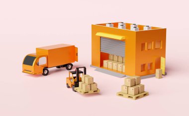 İthalat için forklift, karton kutu, palet, pembe arka planda izole edilmiş kamyon, lojistik servis konsepti, 3D illüstrasyon ya da 3D çizim için forklift kullanan bir depo.