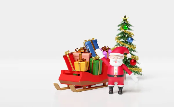 有雪橇 礼品盒 圣诞树的桑塔爪 被隔离在白色的背景下 网站或海报或幸福卡片 横幅和喜庆新年 3D插图或3D渲染 — 图库照片