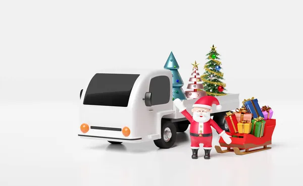 Santa Claus Έλκηθρο Κουτί Δώρου Χριστουγεννιάτικο Δέντρο Φορτηγό Που Απομονώνεται — Φωτογραφία Αρχείου