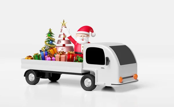 Święty Mikołaj Saniami Pudełko Prezentami Choinka Ciężarówka Odizolowana Białym Tle — Zdjęcie stockowe