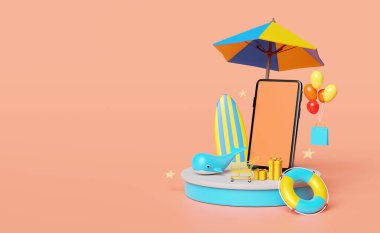 sahne podyumu cep telefonu, akıllı telefon, şemsiye, balon, balina, alışveriş poşetleri, cankurtaran şamandırası, turuncu arka planda izole edilmiş sörf tahtası. Çevrimiçi alışveriş yaz satışı konsepti, 3D çizim, 3D