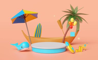 sahne podyumu bot, şemsiye, balon, avuç içi, alışveriş poşetleri, can simidi, balina, araba portakala izole edilmiş. Web arama motoru, çevrimiçi alışveriş yaz satışı konsepti, 3d illüstrasyon, 3d canlandırma