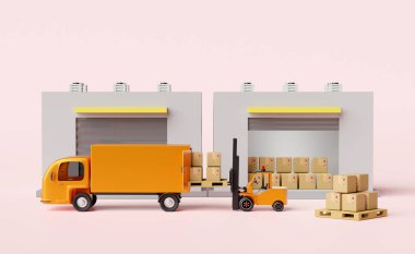 İthalat için forklift, karton kutu, palet, pembe arka planda izole edilmiş kamyon, lojistik servis konsepti, 3D illüstrasyon ya da 3D çizim için forklift kullanan bir depo.