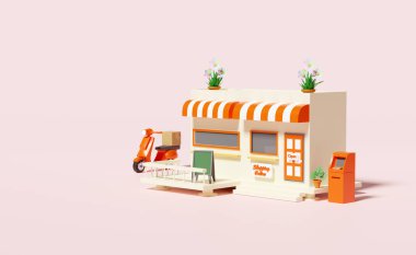 Dükkanda ön tabelası, ATM 'si, eşya kutusu, pembe arka planda izole edilmiş scooter mağazası. Başlangıç bayiliği, hızlı paket teslimat konsepti, 3D illüstrasyon, 3D canlandırma.