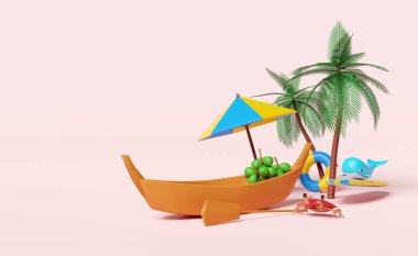 Tekne, sahil sandalyesi, şemsiye, palmiye ağacı, hindistan cevizi, balina, sörf tahtası, yengeç, can simidi, pembe arka planda izole edilmiş kürek.