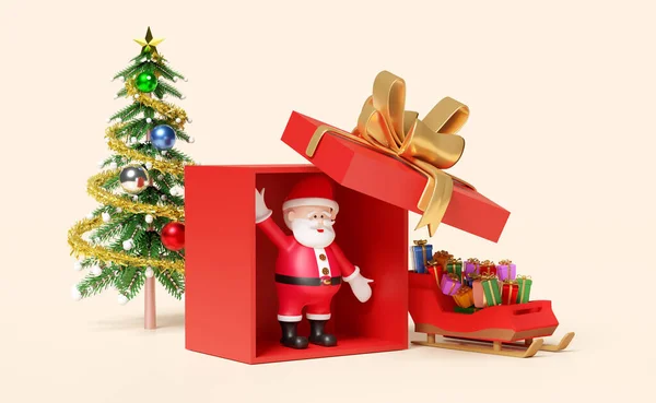 Санта Клаус Ярко Красной Открытой Подарочной Коробкой Рождественской Елкой Бежевом — стоковое фото