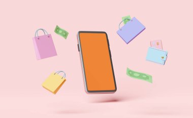 Cüzdan ve turuncu cep telefonu, banknotlu akıllı telefon, kredi kartı, pembe arka planda izole edilmiş alışveriş kağıtları. Para tasarrufu kavramı, 3D illüstrasyon, 3D çizim.