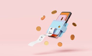 Cüzdan ve turuncu cep telefonu, bozuk paralı akıllı telefon, kredi kartı, fatura, kağıt makbuz, elektronik fatura pembe arka planda izole edilmiş. Para tasarrufu kavramı, 3D çizim, 3D çizim