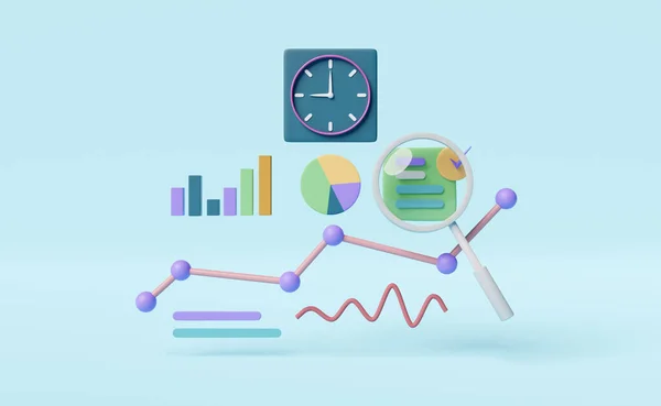 图表与分析商业财务数据 在线营销 时间钟隔离蓝色背景 商业战略概念 3D插图或3D渲染 — 图库照片