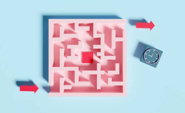 Arkalı labirent, mavi arka planda izole edilmiş zaman saati. Çözüm bulma, iş stratejisi konsepti, 3D illüstrasyon, 3D canlandırma