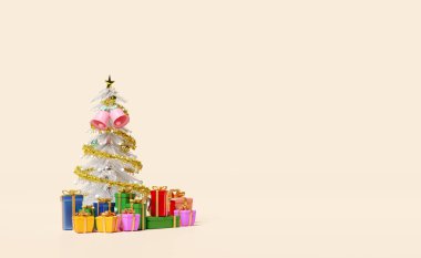 Bej arka planda izole edilmiş Noel ağacı hediye kutusu. Web sitesi, poster veya mutluluk kartları, şenlikli Yeni Yıl konsepti, 3D illüstrasyon veya 3D canlandırma