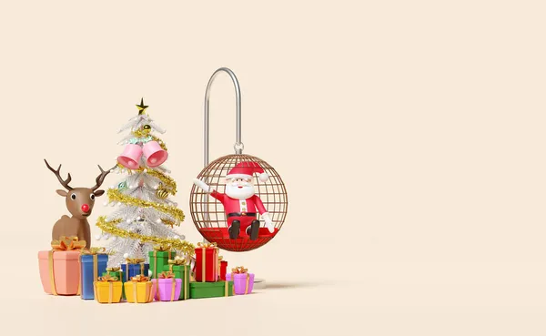 Babbo Natale Con Renne Confezione Regalo Albero Natale Sedia Sospesa — Foto Stock